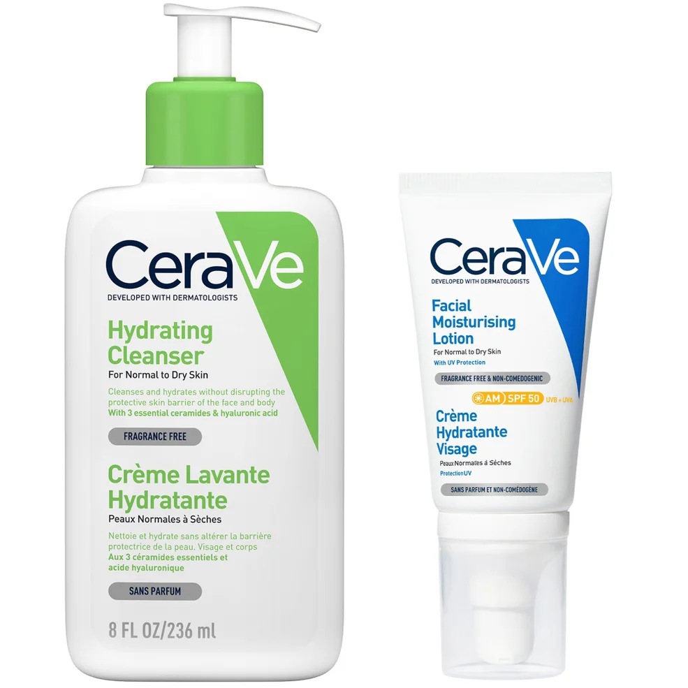 CeraVe Morning Face Routine for Dry Skin, Hydrating Cleanser and Moisturiser with SPF 50 Image 1