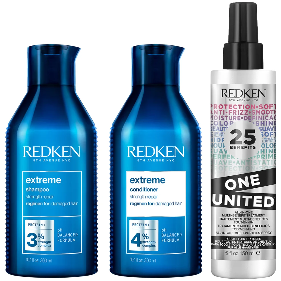 Redken Extreme Shampoo, Conditioner and One United Multi-Benefit Leave-in Treatment, Strength Repair Bundle for Damaged Hair Image 1