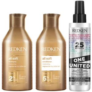 Redken All Soft Shampoo, Conditioner and One United Multi-Benefit Treatment Spray Hydrating Bundle for Dry Hair - undefined undefined