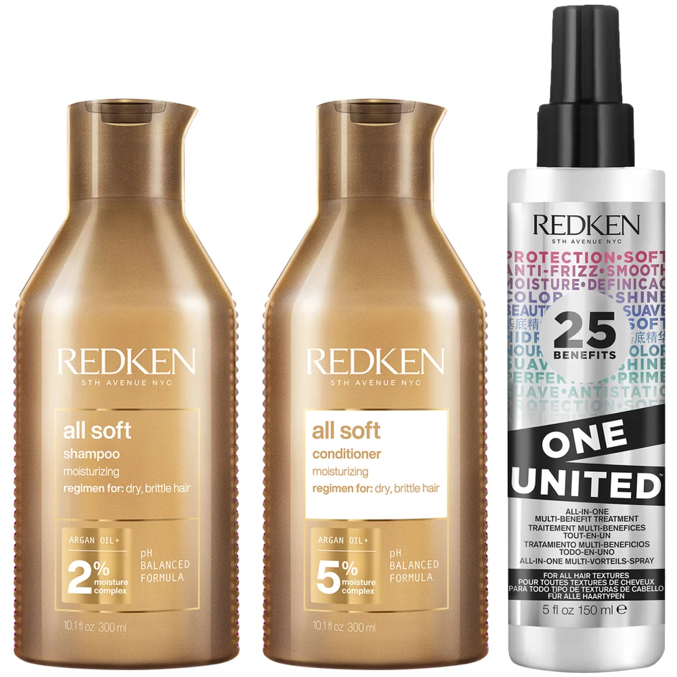 Redken All Soft Shampoo, Conditioner and One United Multi-Benefit Treatment Spray Hydrating Bundle for Dry Hair Image 1