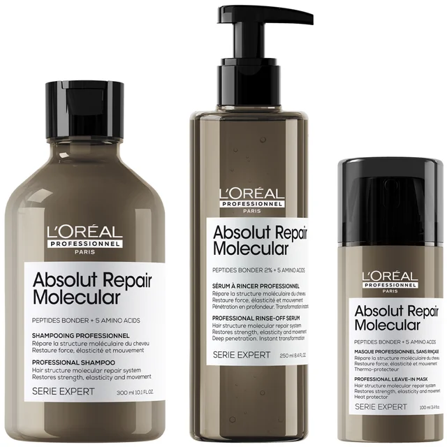 L'Oréal Professionnel Absolut Repair Molecular Shampoo 300ml, Rinse Off Serum Conditioner Treatment 250ml & Leave in Mask 100ml