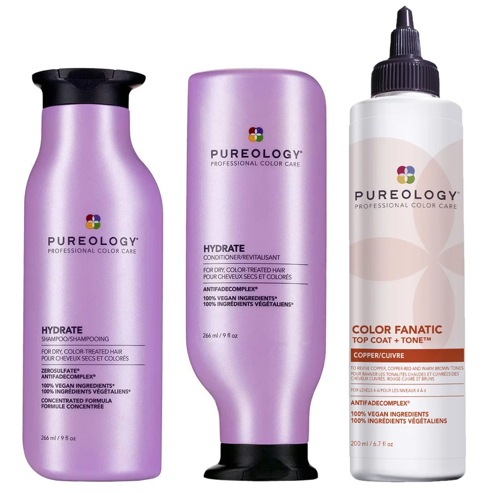 Pureology Hydrate Shampoo, Conditioner and Top Coat & Tone Routine for Neutralising and Hydrating Copper Hair Image 1