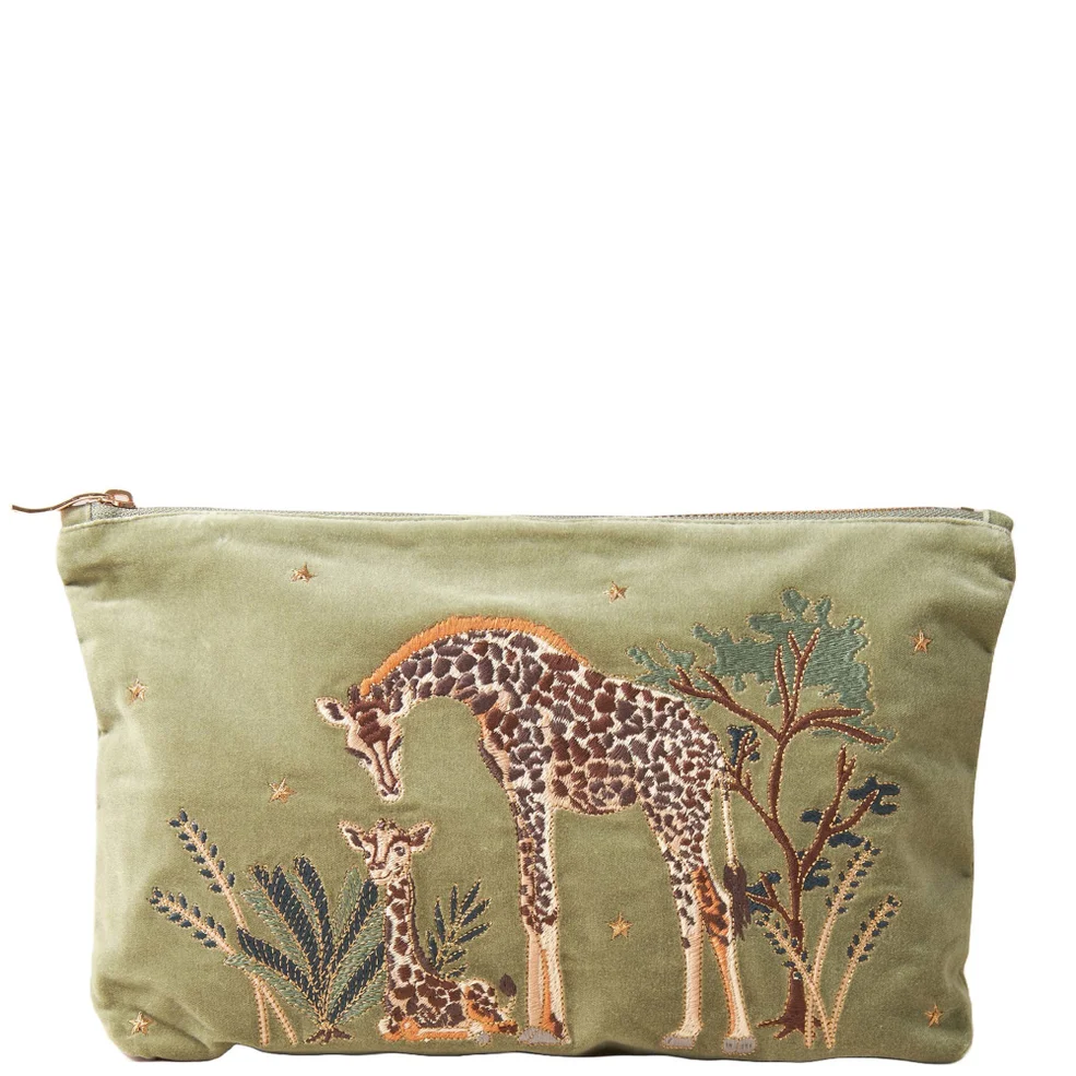 Elizabeth Scarlett Giraffe Mother and Baby Olive Velvet Everyday Pouch Image 1
