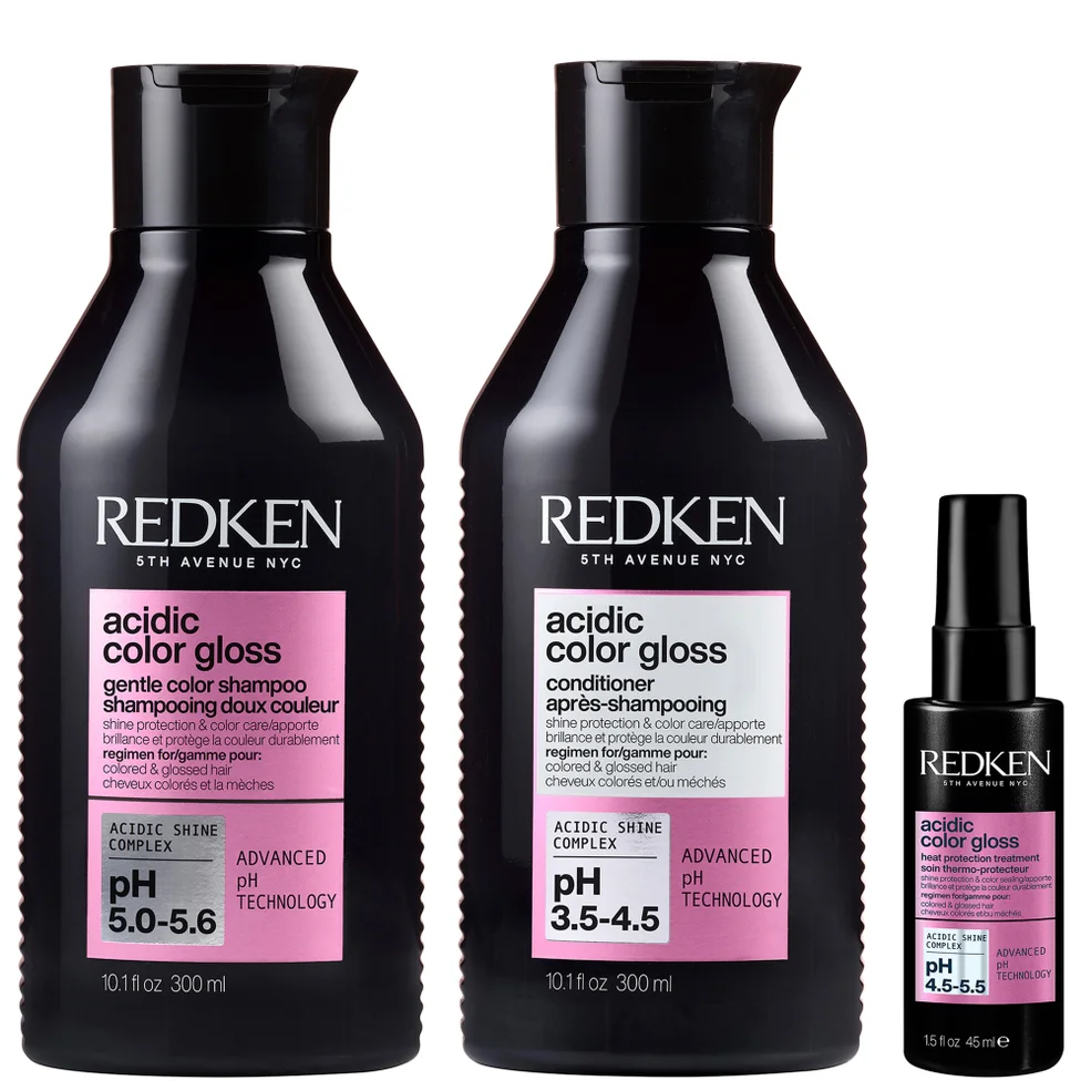 Redken Acidic Color Gloss Shampoo 300ml, Conditioner 300ml and Heat Protection Treatment 45ml, Glass-Like Shine (Worth £57.49) Image 1