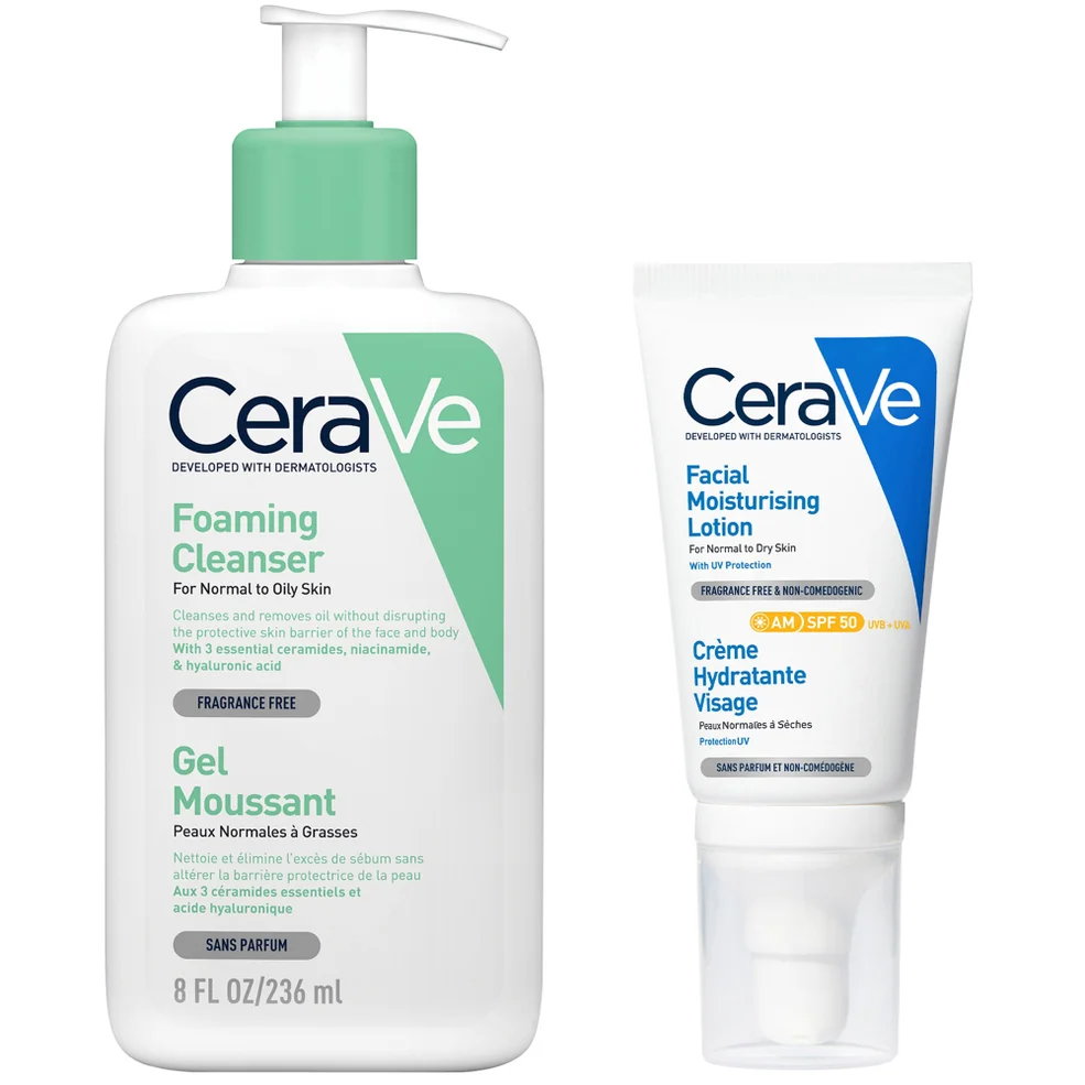 CeraVe Morning Cleanse and Protect Duo for Oily Skin, Cleanser with Niacinamide and Moisturiser with SPF 50 and Hyaluronic Acid Image 1