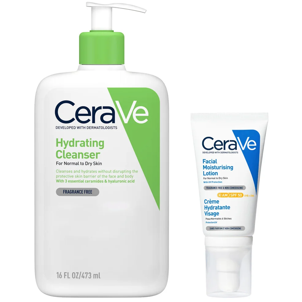CeraVe Cleanse and Protect Face Routine for Dry Skin, Hydrating Cleanser and Facial Moisturiser with SPF 50 Image 1