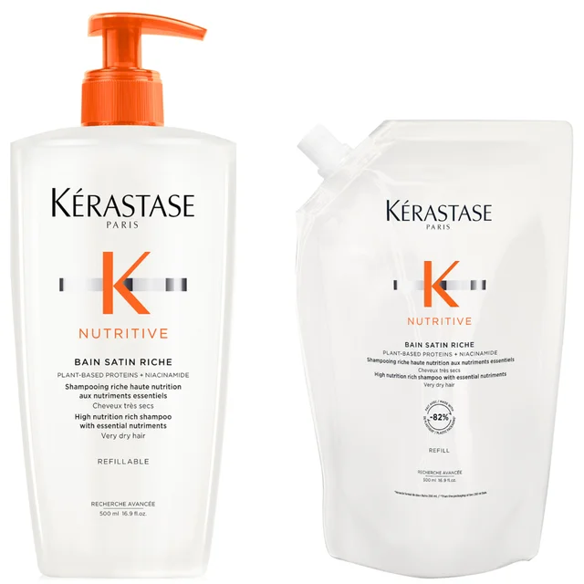 Kérastase Nutritive Bain Satin Riche Refillable Shampoo and Refill Pouch 500ml With Niacinamide For Very Dry Hair