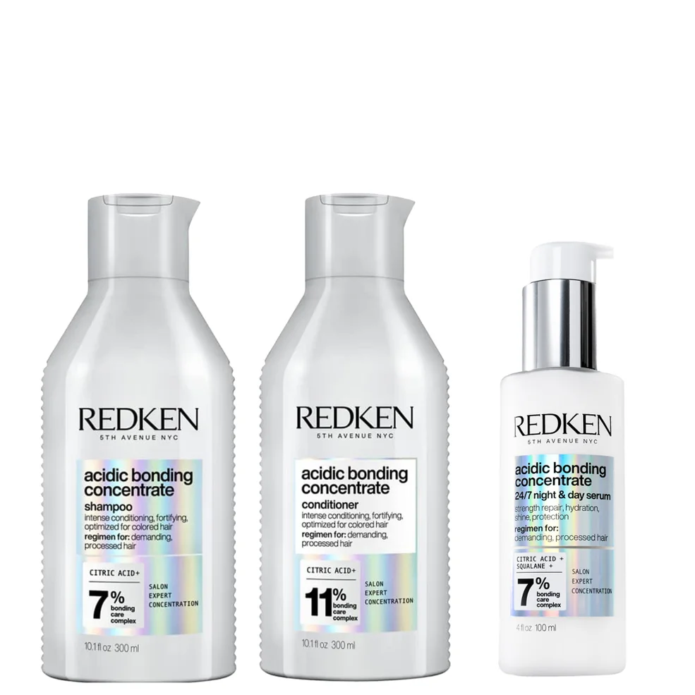 Redken Acidic Bonding Concentrate Shampoo 300ml, Conditioner 300ml and 24/7 Night & Day Serum 100ml Repair Damaged Hair Bundle Image 1