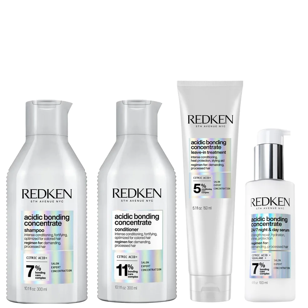 Redken Acidic Bonding Concentrate Shampoo 300ml, Conditioner 300ml, Leave-in Treatment 150ml and 24/7 Night & Day Serum Bundle Image 1