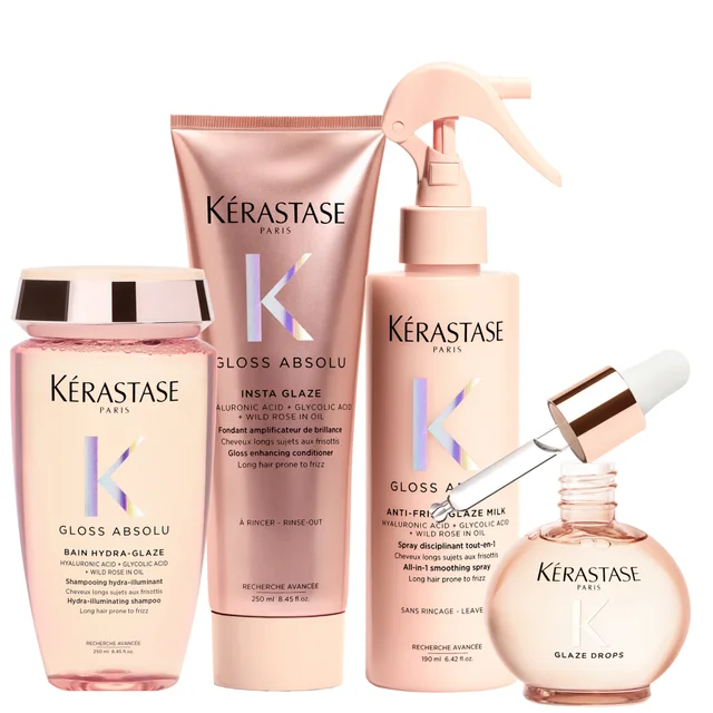 Kérastase Gloss Absolu Shampoo, Conditioner. Treatment Spray and Glaze Drops Hair Oil Routine