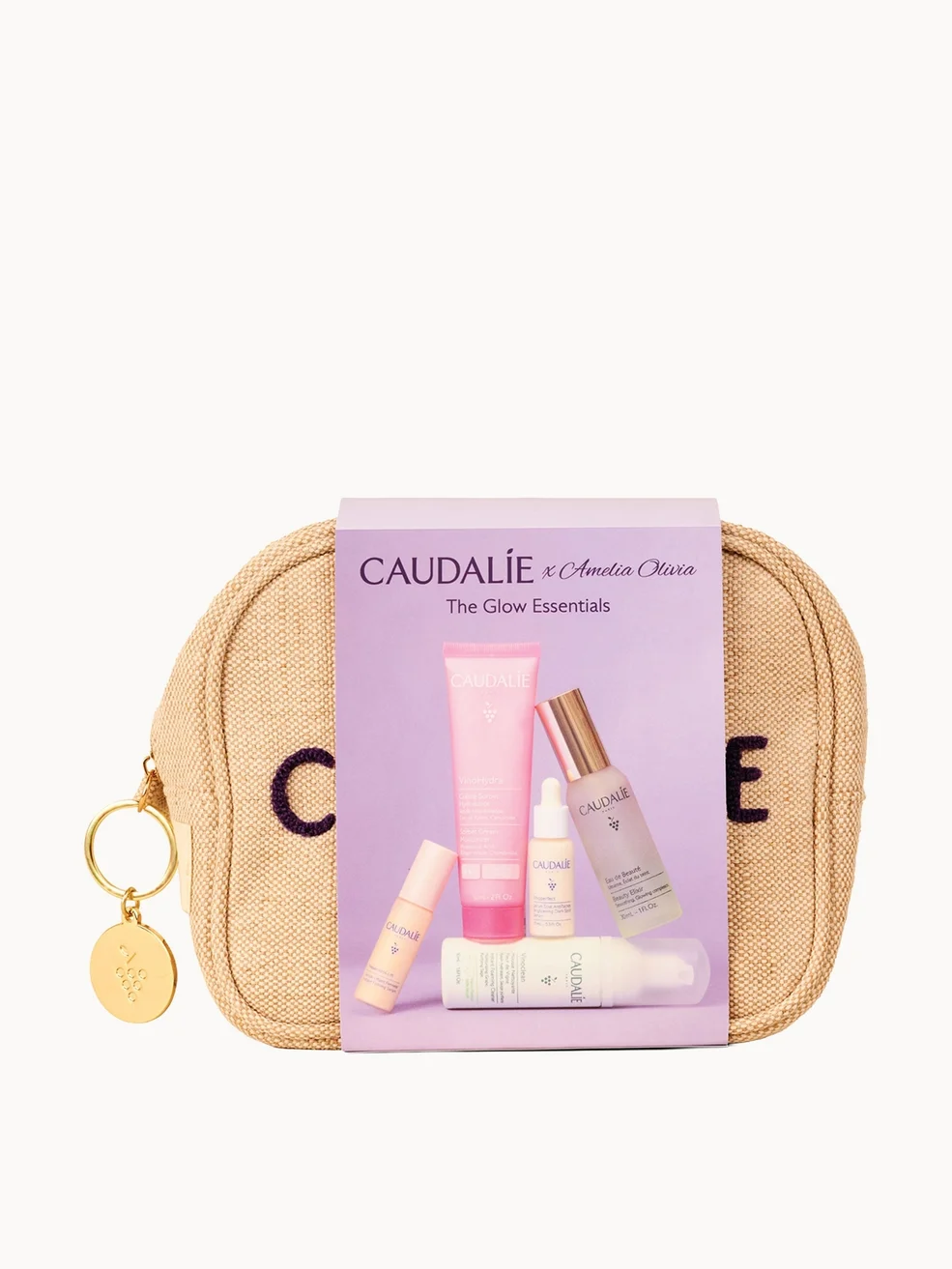 Caudalie five-piece Glow Essentials skincare set with reusable pouch