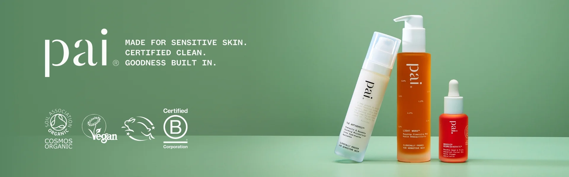 Pai Brand Page banner - Made for sensitive skin, certified clean, goodness built in